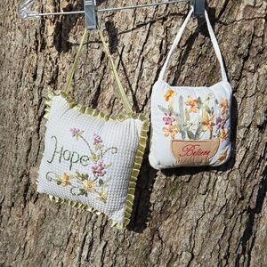 2 Ribbon Embroidered Pillows. Hope & Believe. Inspirational Pillows. Like New!